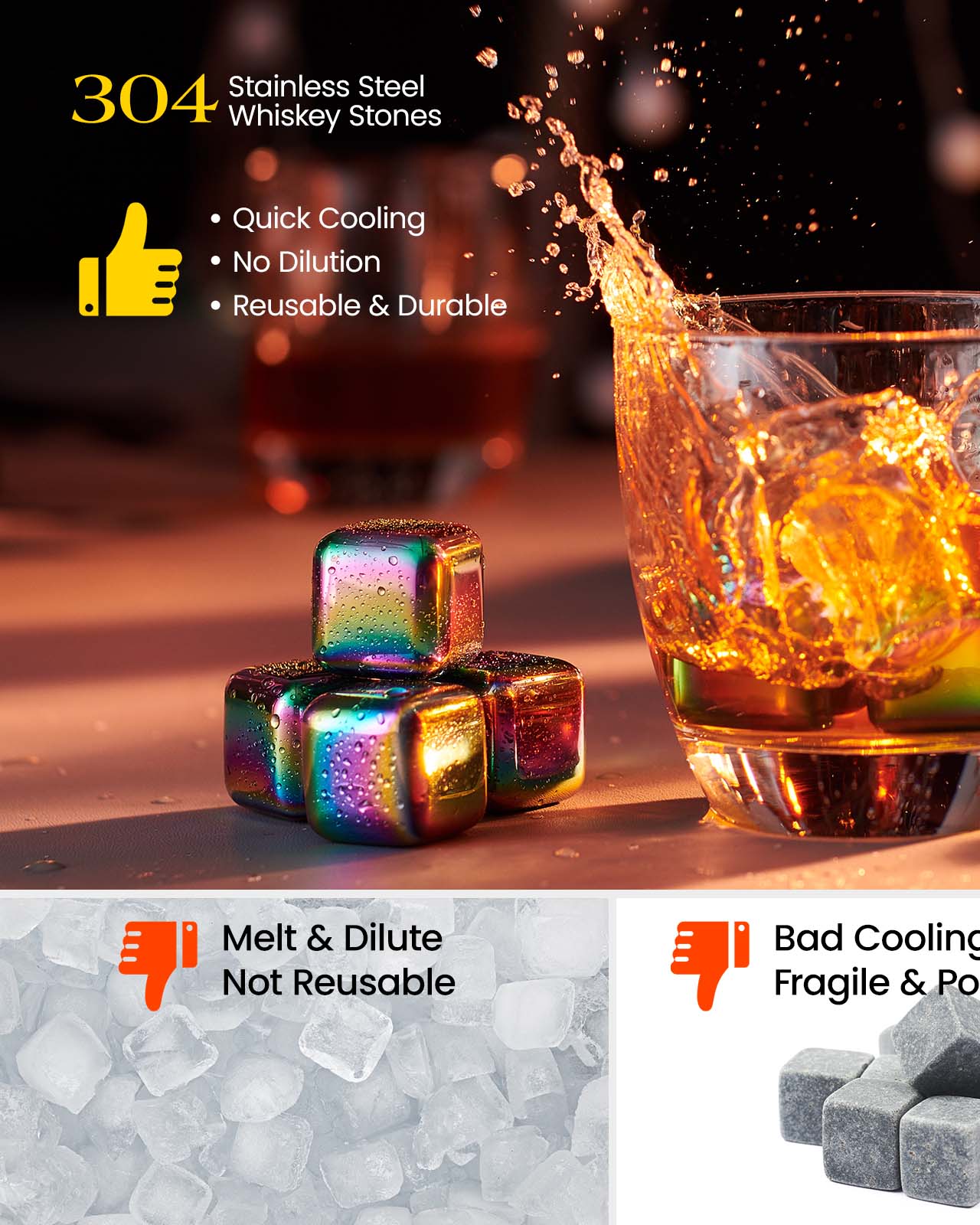 Kollea 8 Pack Multicolor Stainless Steel Whiskey Chilling Rocks